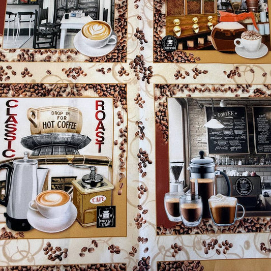 Coffee themed cotton fabric panel with six cafe scenes, coffee cups and coffee beans on beige background quilting cotton panel