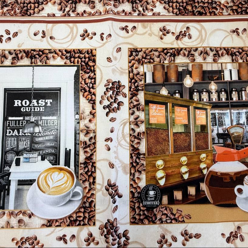 Coffee themed cotton fabric panel with six cafe scenes, coffee cups and coffee beans on beige background quilting cotton panel
