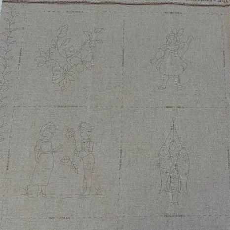 Joie De Vivre French General cotton fabric panel with vintage embroidery style illustrations on natural linen look background
