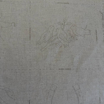 Joie De Vivre French General cotton fabric panel with vintage embroidery style illustrations on natural linen look background