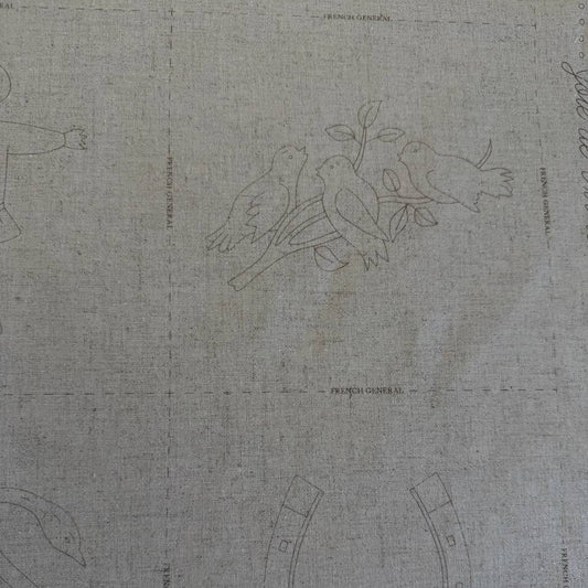 Joie De Vivre French General cotton fabric panel with vintage embroidery style illustrations on natural linen look background