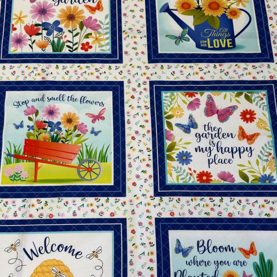 fabric panel, cotton panel, garden panel, floral panel, quilting panel, multi block panel, spring fabric panel, bee fabric panel, butterfly fabric, Love grows here, welcome hive panel, garden sayings panel