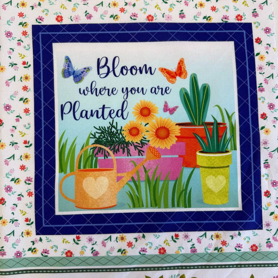 fabric panel, cotton panel, garden panel, floral panel, quilting panel, multi block panel, spring fabric panel, bee fabric panel, butterfly fabric, Love grows here, welcome hive panel, garden sayings panel