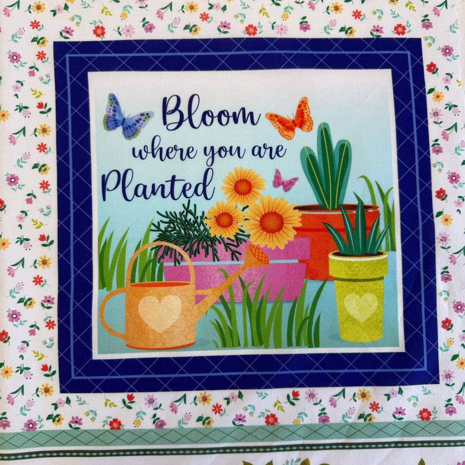 fabric panel, cotton panel, garden panel, floral panel, quilting panel, multi block panel, spring fabric panel, bee fabric panel, butterfly fabric, Love grows here, welcome hive panel, garden sayings panel