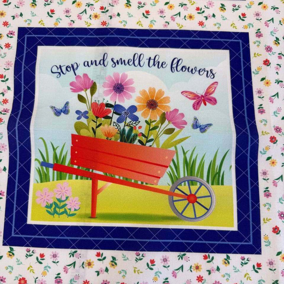 fabric panel, cotton panel, garden panel, floral panel, quilting panel, multi block panel, spring fabric panel, bee fabric panel, butterfly fabric, Love grows here, welcome hive panel, garden sayings panel