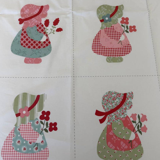 Sunbonnet girls cotton fabric panel vintage quilt blocks pink red green patchwork style quilting panel My Sew Quilty Life