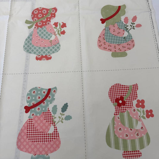 Sunbonnet girls cotton fabric panel vintage quilt blocks pink red green patchwork style quilting panel My Sew Quilty Life