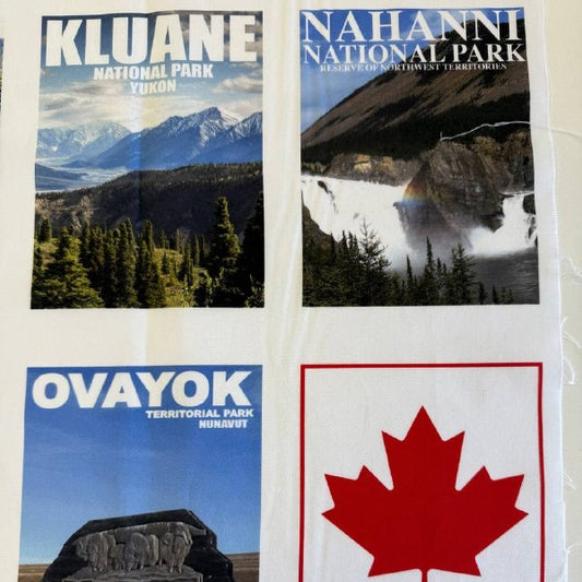 Canadian national parks cotton fabric panel featuring Banff, Algonquin, Forillon, Glacier, Prince Albert and Grand Beach scenic blocks