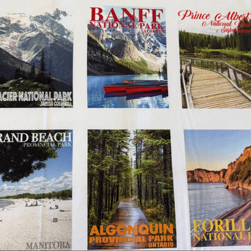 Canadian national parks cotton fabric panel featuring Banff, Algonquin, Forillon, Glacier, Prince Albert and Grand Beach scenic blocks