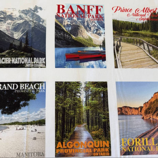 Canadian national parks cotton fabric panel featuring Banff, Algonquin, Forillon, Glacier, Prince Albert and Grand Beach scenic blocks