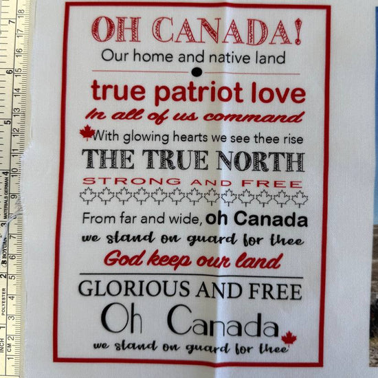 Canadian national parks cotton fabric panel featuring Banff, Algonquin, Forillon, Glacier, Prince Albert and Grand Beach scenic blocks