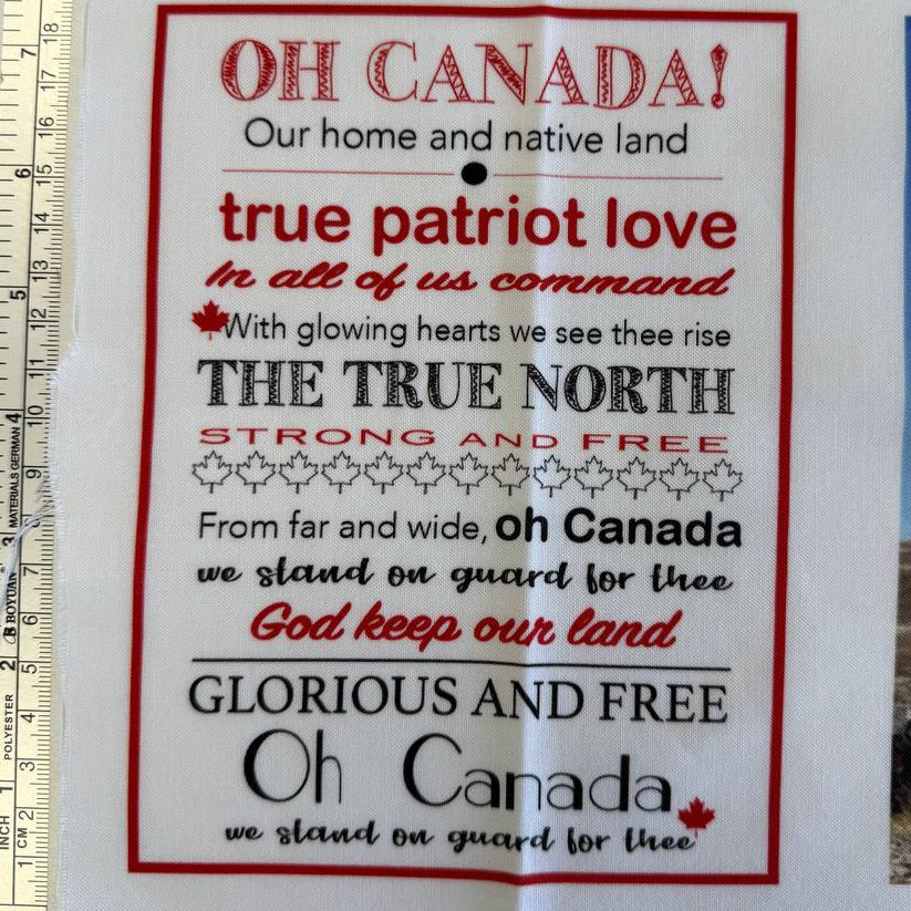 Canadian national parks cotton fabric panel featuring Banff, Algonquin, Forillon, Glacier, Prince Albert and Grand Beach scenic blocks