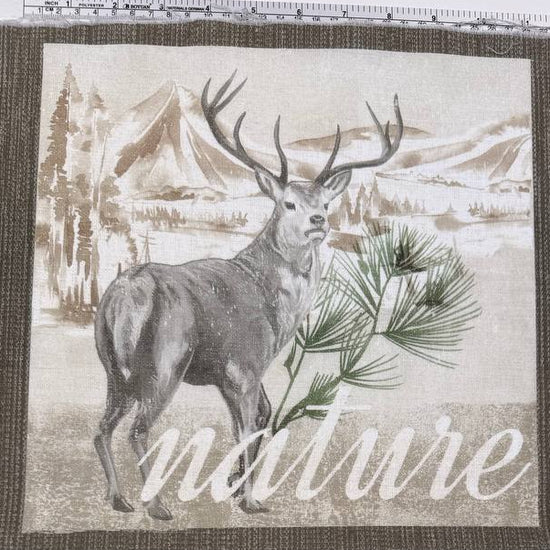 Nature landscapes cotton fabric panel with pine forest lakeside canoe moose cabin rustic wilderness design