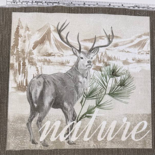 Nature landscapes cotton fabric panel with pine forest lakeside canoe moose cabin rustic wilderness design