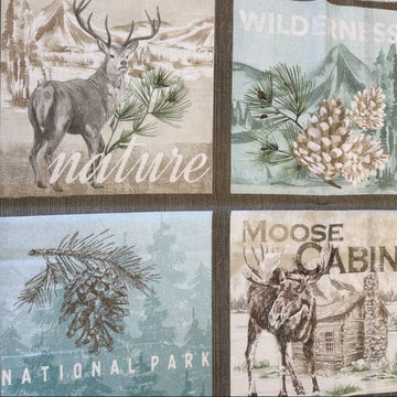 Nature landscapes cotton fabric panel with pine forest lakeside canoe moose cabin rustic wilderness design
