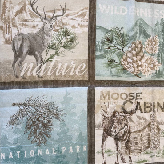 Nature landscapes cotton fabric panel with pine forest lakeside canoe moose cabin rustic wilderness design