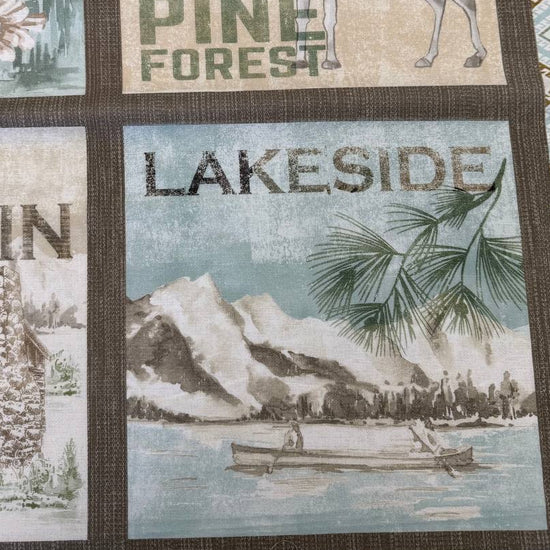 Nature landscapes cotton fabric panel with pine forest lakeside canoe moose cabin rustic wilderness design