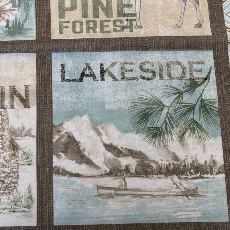 Nature landscapes cotton fabric panel with pine forest lakeside canoe moose cabin rustic wilderness design
