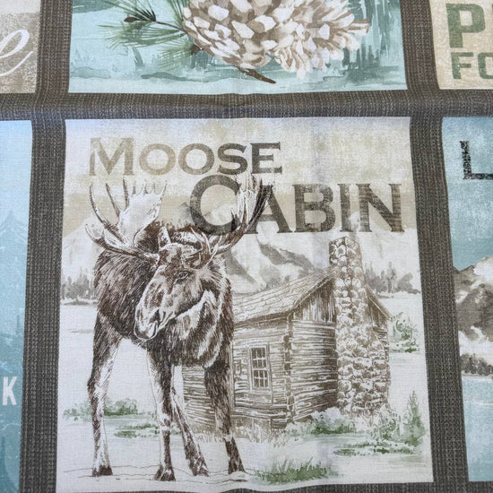 Nature landscapes cotton fabric panel with pine forest lakeside canoe moose cabin rustic wilderness design