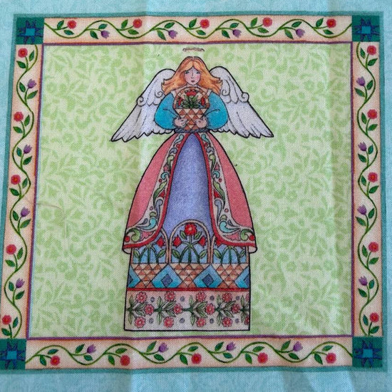 Garden Angels cotton fabric panel with six floral angel blocks on teal background quilting panel