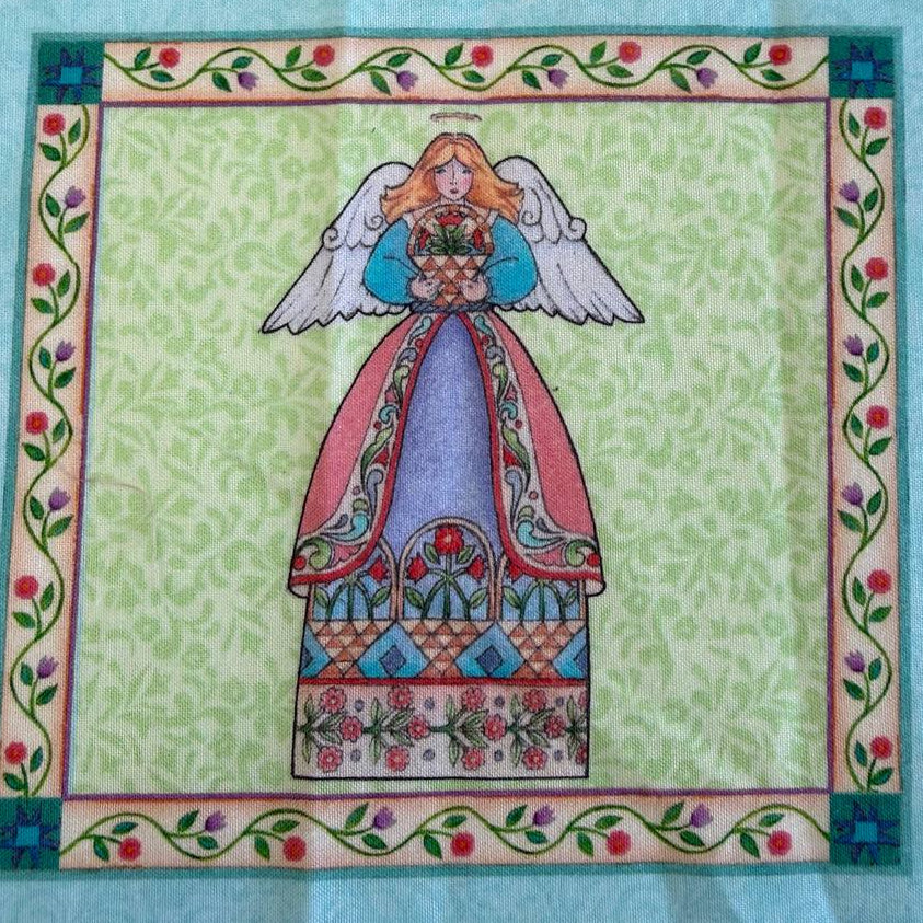 Garden Angels cotton fabric panel with six floral angel blocks on teal background quilting panel