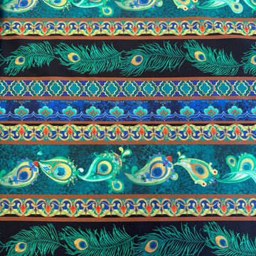 Peacock Symphony fabric by David Galchutt Benartex teal peacock feather stripe quilting cotton