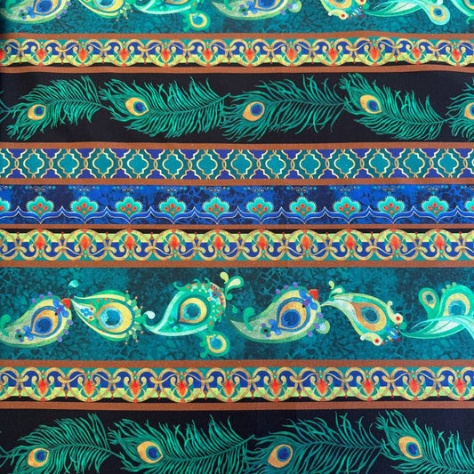 Peacock Symphony fabric by David Galchutt Benartex teal peacock feather stripe quilting cotton