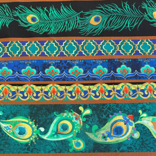 Peacock Symphony fabric by David Galchutt Benartex teal peacock feather stripe quilting cotton