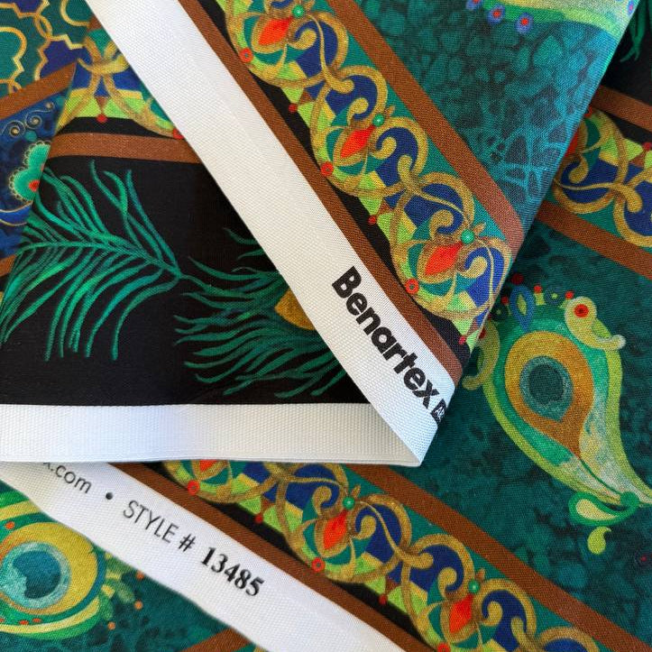 Peacock Symphony fabric by David Galchutt Benartex teal peacock feather stripe quilting cotton
