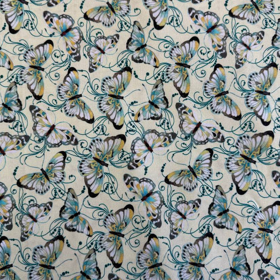 Peacock Symphony butterflies fabric by David Galchutt Benartex light green butterfly quilting cotton