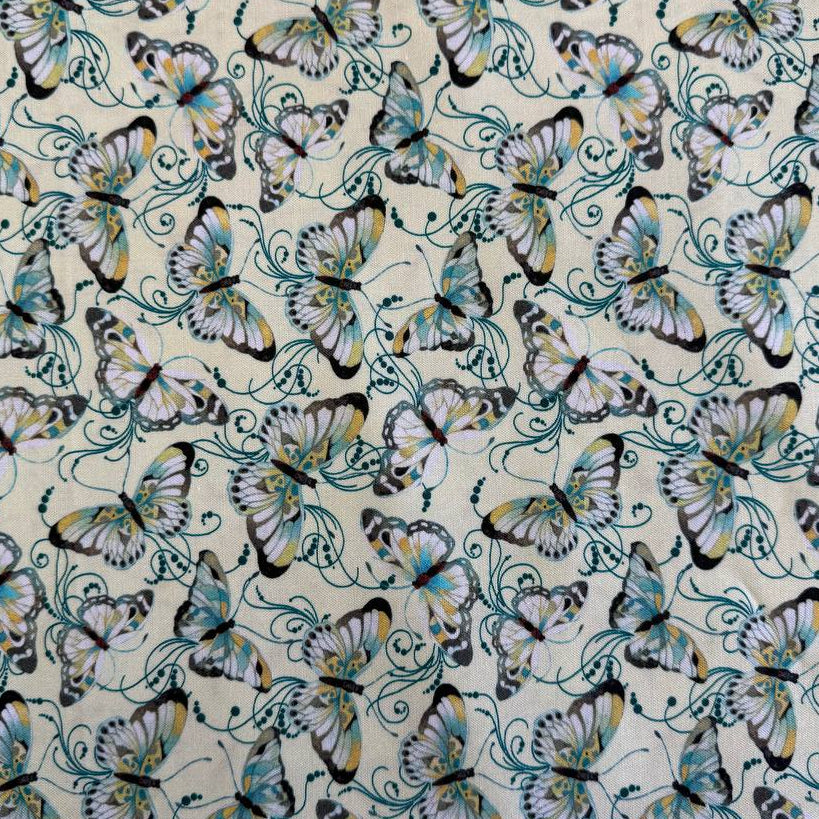 Peacock Symphony butterflies fabric by David Galchutt Benartex light green butterfly quilting cotton