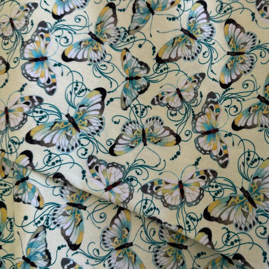 Peacock Symphony butterflies fabric by David Galchutt Benartex light green butterfly quilting cotton