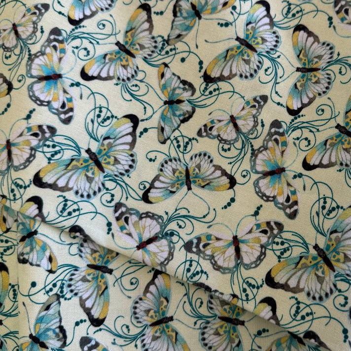 Peacock Symphony butterflies fabric by David Galchutt Benartex light green butterfly quilting cotton