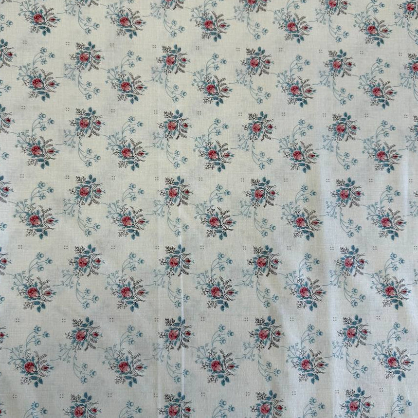Fleur De Paris Pearl floral quilting cotton fabric by French General for Moda with small red and blue vintage flowers on cream background