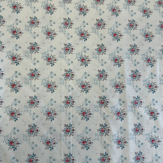 Fleur De Paris Pearl floral quilting cotton fabric by French General for Moda with small red and blue vintage flowers on cream background