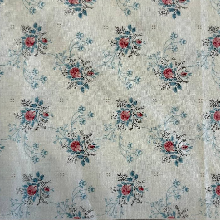 Fleur De Paris Pearl floral quilting cotton fabric by French General for Moda with small red and blue vintage flowers on cream background