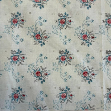 Fleur De Paris Pearl floral quilting cotton fabric by French General for Moda with small red and blue vintage flowers on cream background