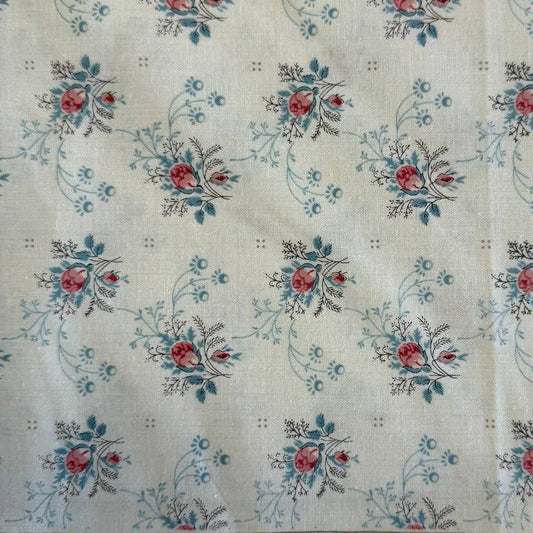 Fleur De Paris Pearl floral quilting cotton fabric by French General for Moda with small red and blue vintage flowers on cream background