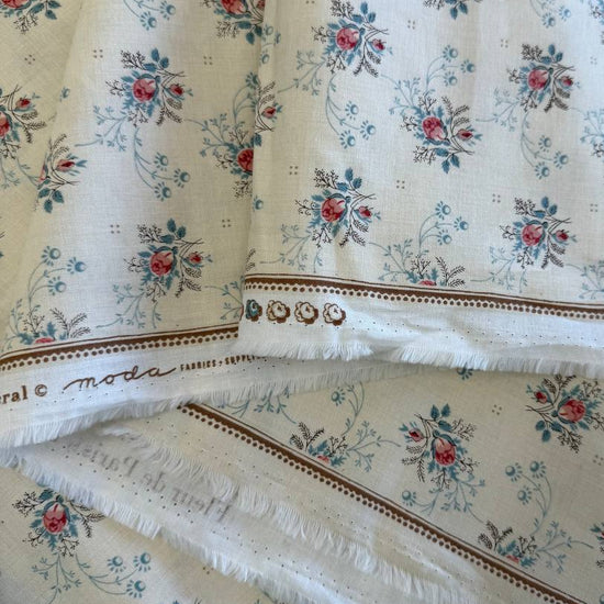 Fleur De Paris Pearl floral quilting cotton fabric by French General for Moda with small red and blue vintage flowers on cream background