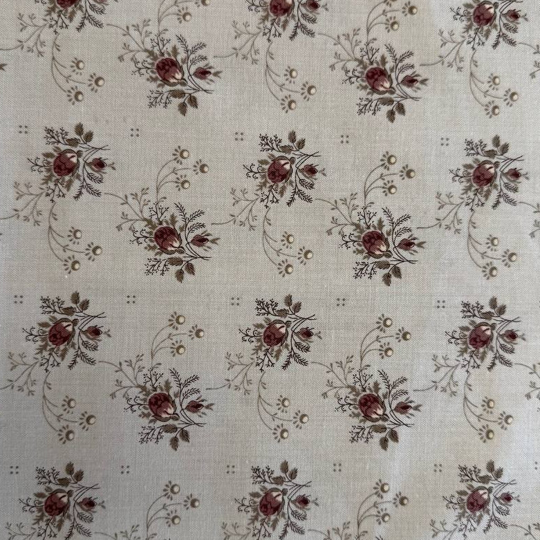 Fleur De Paris Smoke fabric by French General for Moda, beige quilting cotton with small red floral bouquets, 513994-15