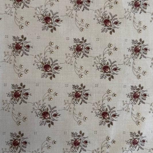 Fleur De Paris Smoke fabric by French General for Moda, beige quilting cotton with small red floral bouquets, 513994-15