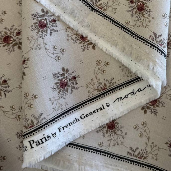 Fleur De Paris Smoke fabric by French General for Moda, beige quilting cotton with small red floral bouquets, 513994-15