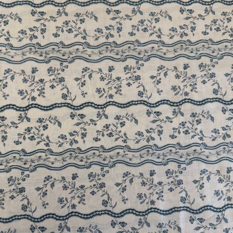Fleur De Paris Pearl French Blue floral border cotton fabric by Moda with delicate blue flowers on pearl background