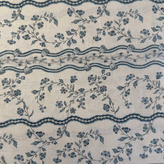 Fleur De Paris Pearl French Blue floral border cotton fabric by Moda with delicate blue flowers on pearl background