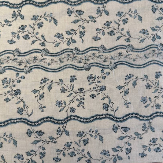 Fleur De Paris Pearl French Blue floral border cotton fabric by Moda with delicate blue flowers on pearl background
