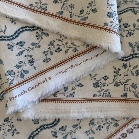 Fleur De Paris Pearl French Blue floral border cotton fabric by Moda with delicate blue flowers on pearl background