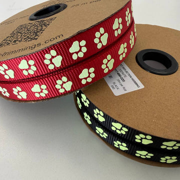 Reflective Paw Print Dog Leash Webbing Black and Dark Red - 20 mm