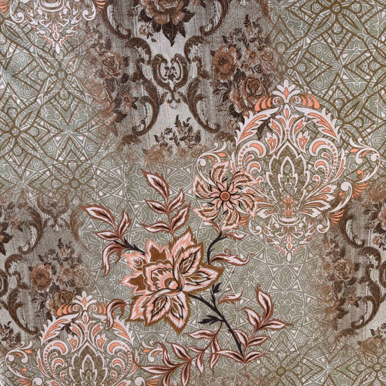 Vintage floral mosaic cotton sheeting fabric in brown and sage tones 108 inch wide for quilt backing and bedding
