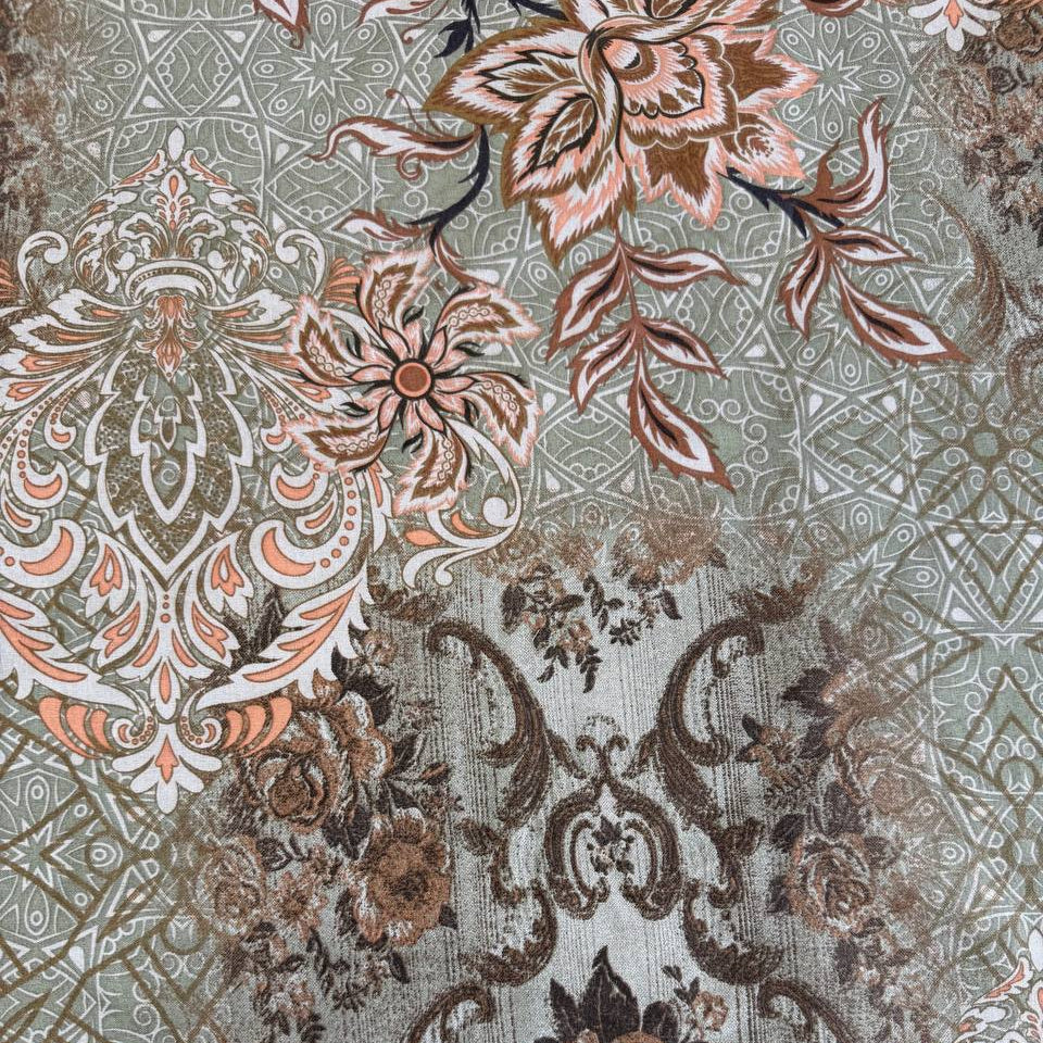 Vintage floral mosaic cotton sheeting fabric in brown and sage tones 108 inch wide for quilt backing and bedding
