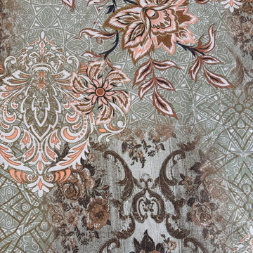 Vintage floral mosaic cotton sheeting fabric in brown and sage tones 108 inch wide for quilt backing and bedding